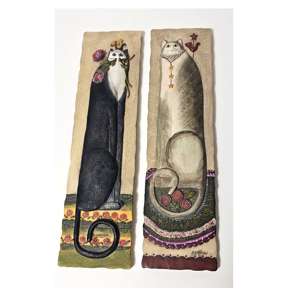 Vintage Whimsical Cat Wall Plaques Set of 2 E Smithson ES Millson Cat Art